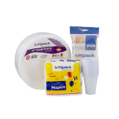 مجموعة مؤلفة من (25 طبق فلين + مناديل + 50 ملعقة + 25 كوب بلاستيكي)